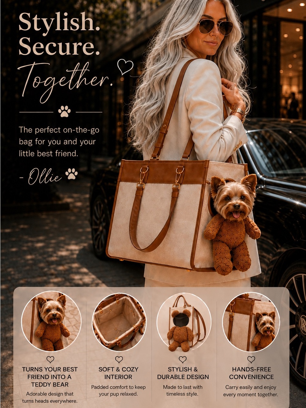 Ollie’s Tan & Cream Pet Tote — Hands-Free Dog Carrier